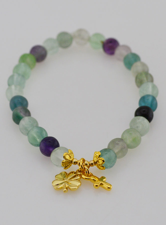 Bracelet en Fluorite 6mm - Trèfle & Croix (pic 2)