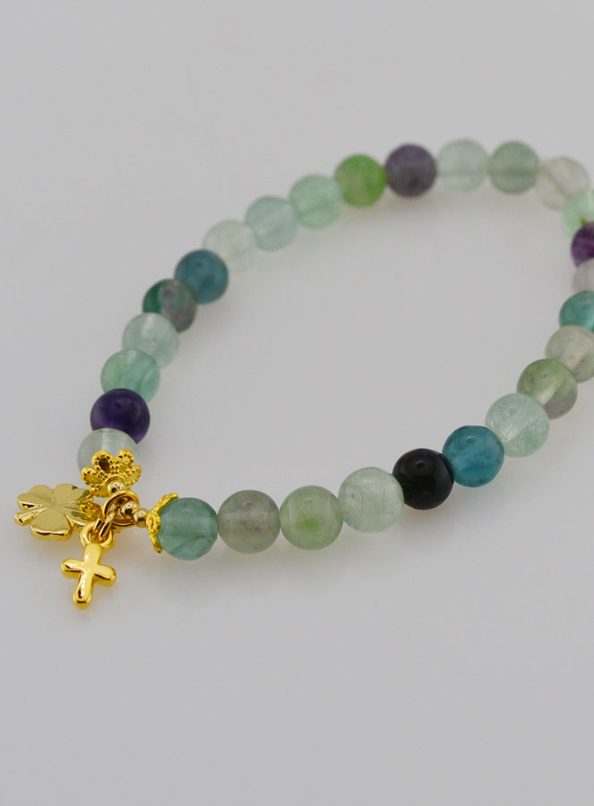 Bracelet en Fluorite 6mm - Trèfle & Croix (pic 4)
