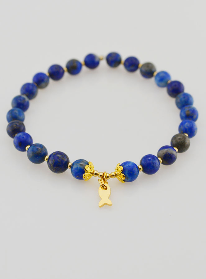 Bracelet en Lapis-Lazuli 6mm & Pampille Poisson (pic 2)