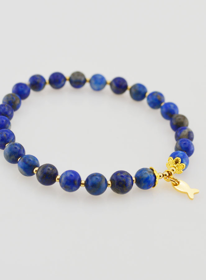 Bracelet en Lapis-Lazuli 6mm & Pampille Poisson (pic 3)
