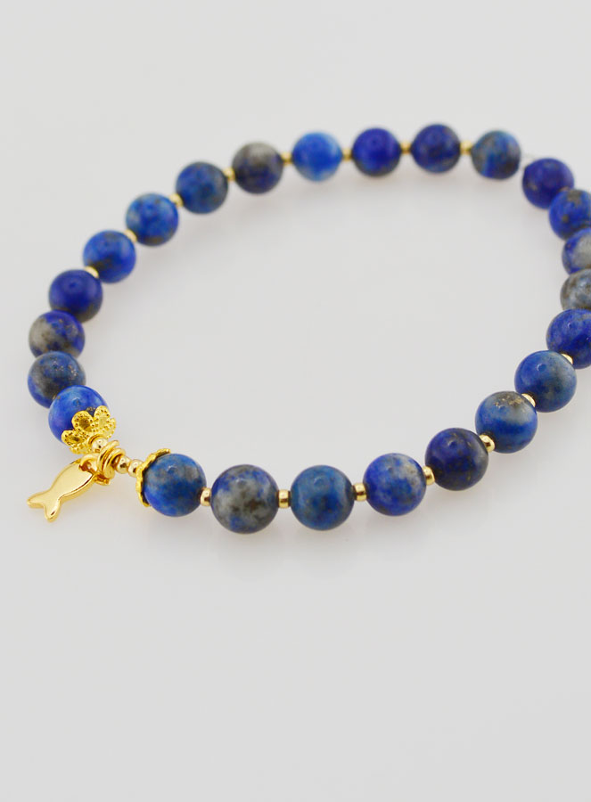 Bracelet en Lapis-Lazuli 6mm & Pampille Poisson (pic 4)