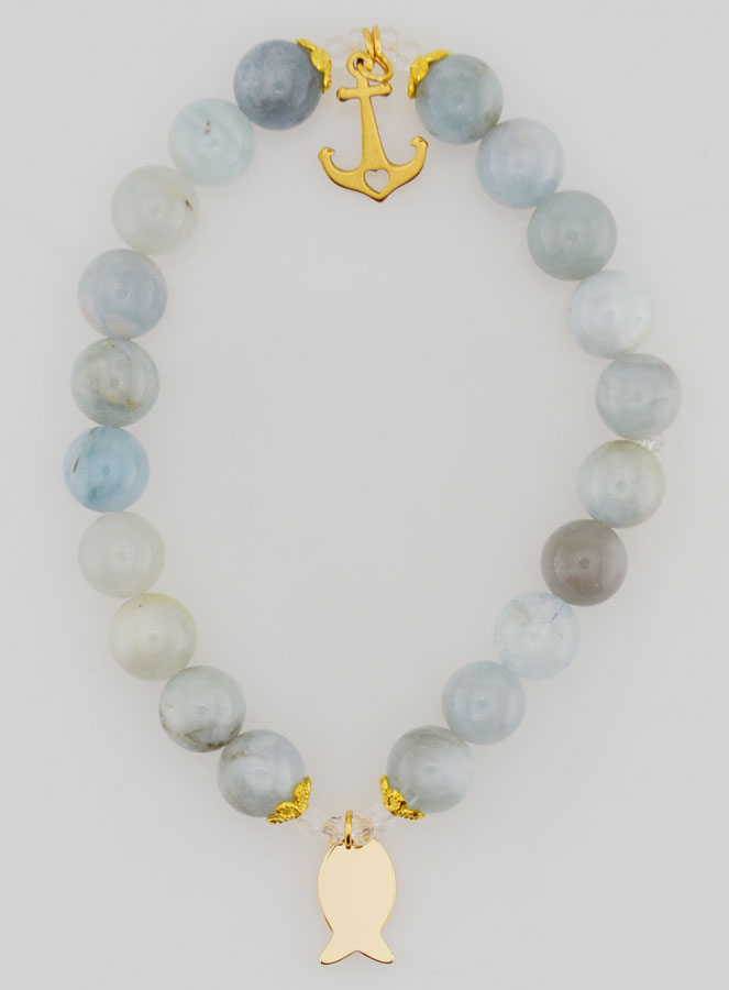Bracelet en Aigue-Marine 8mm Avec Poisson Ichtus et Ancre (pic 1)