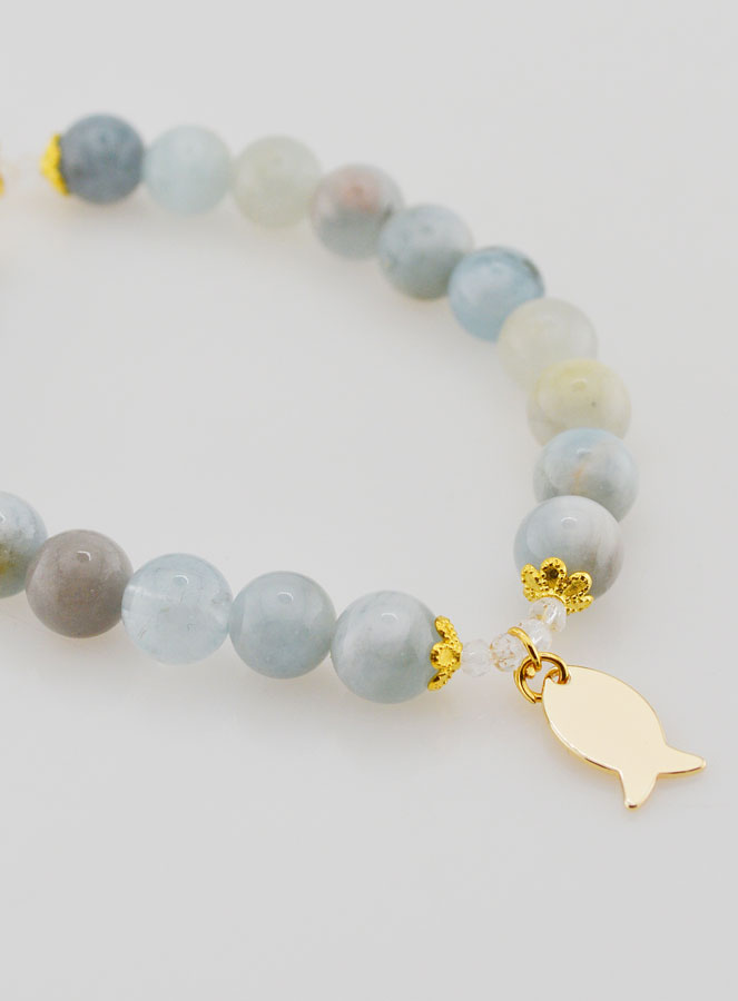 Bracelet en Aigue-Marine 8mm Avec Poisson Ichtus et Ancre (pic 4)