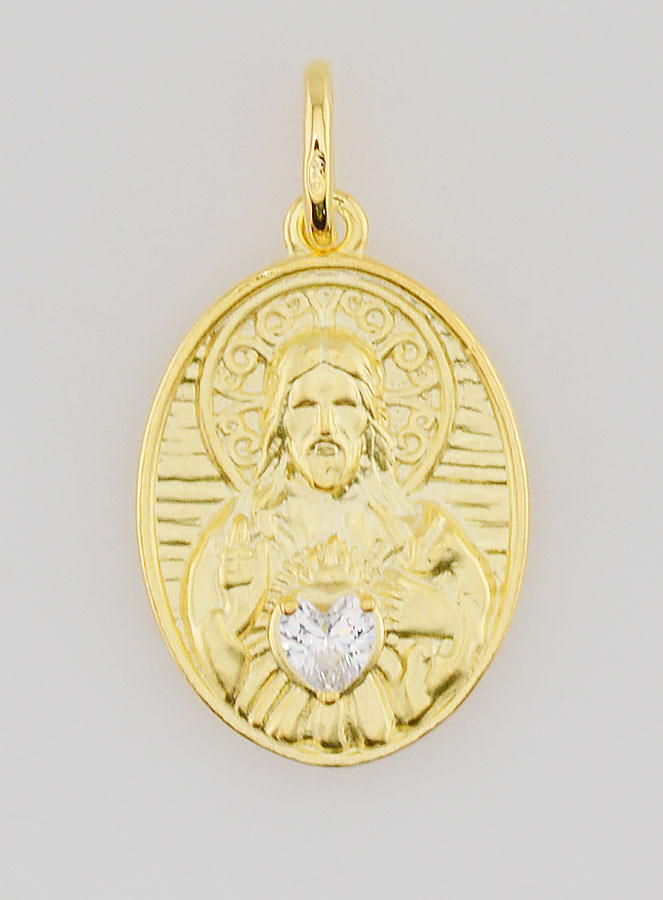 Médaille Plaqué Or & Zircon Sacré Coeur de Jésus - 19mm (pic 1)