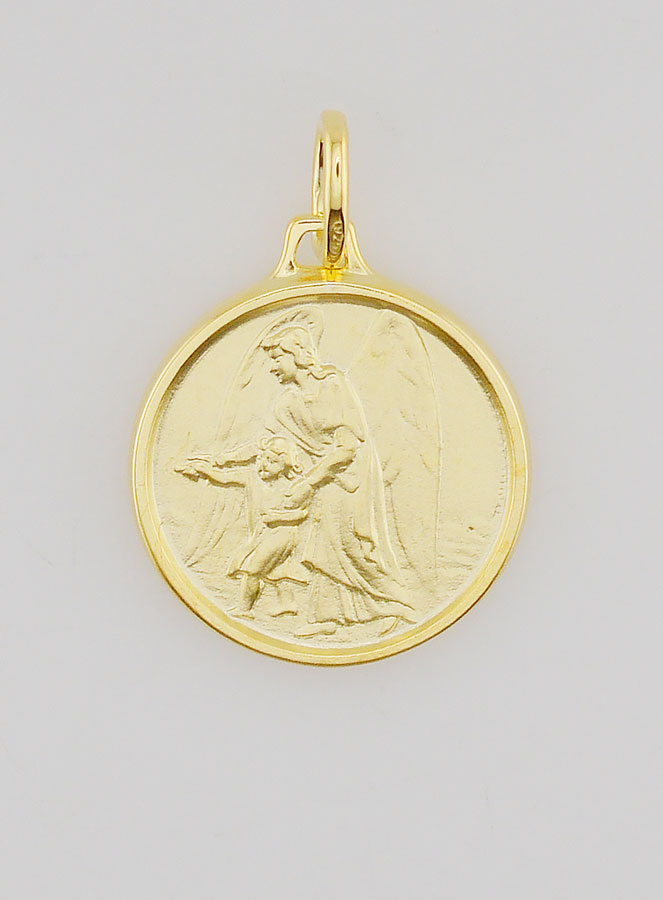 Médaille Ange Gardien & Enfant en Plaqué Or - 18mm (pic 1)