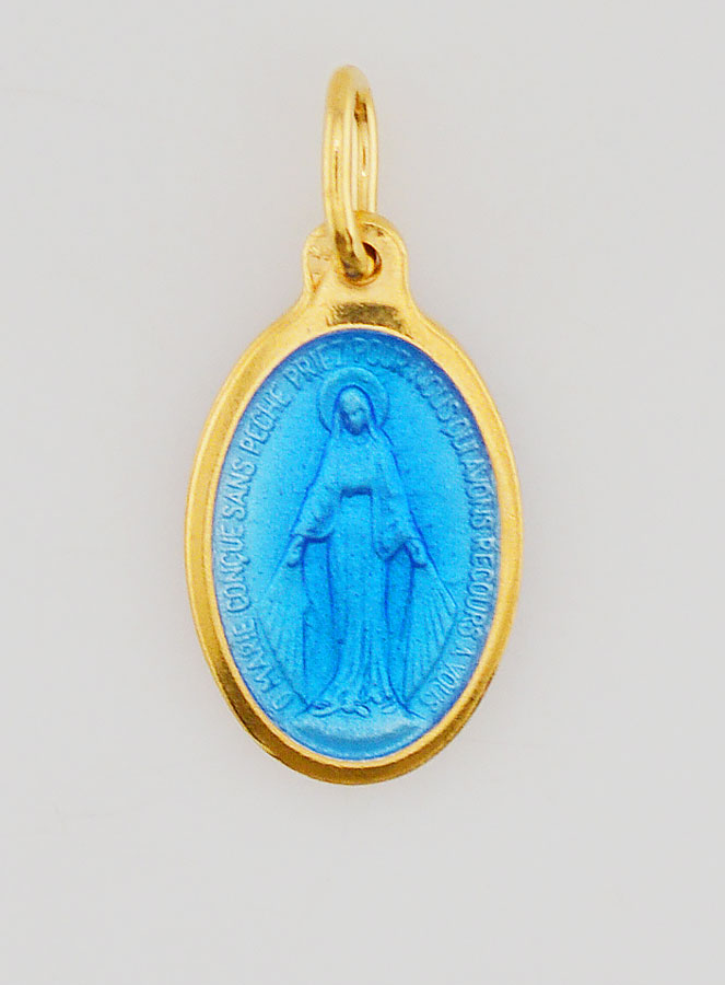 Médaille Miraculeuse En Argent Oxydé Avec émail Bleu - Pendentif Catholique 4 Cm - Design Italien