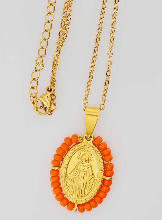 Médaille Miraculeuse + Chaîne - Perles Oranges (pic 4)
