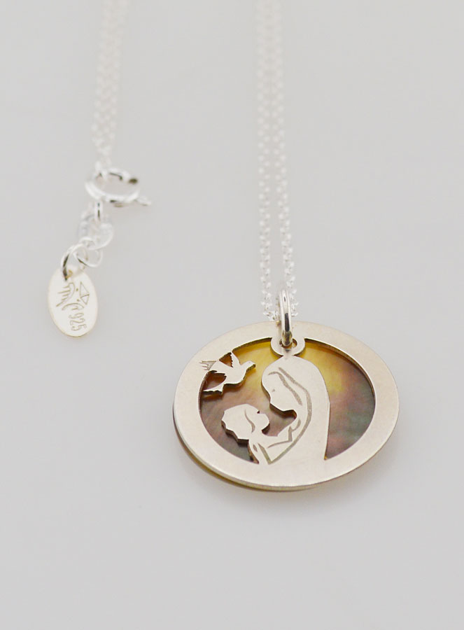 Collier Vierge à l'Enfant & Colombe - Argent & Nacre (pic 2)