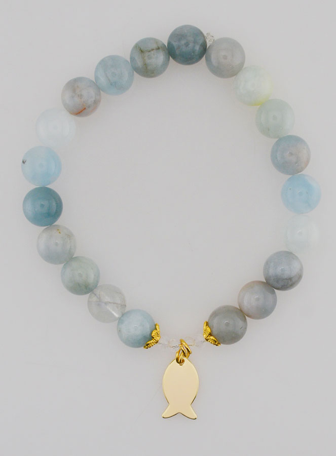 Bracelet en Pierres d’Aigue-Marine 8mm & Ichthus Doré (pic 1)