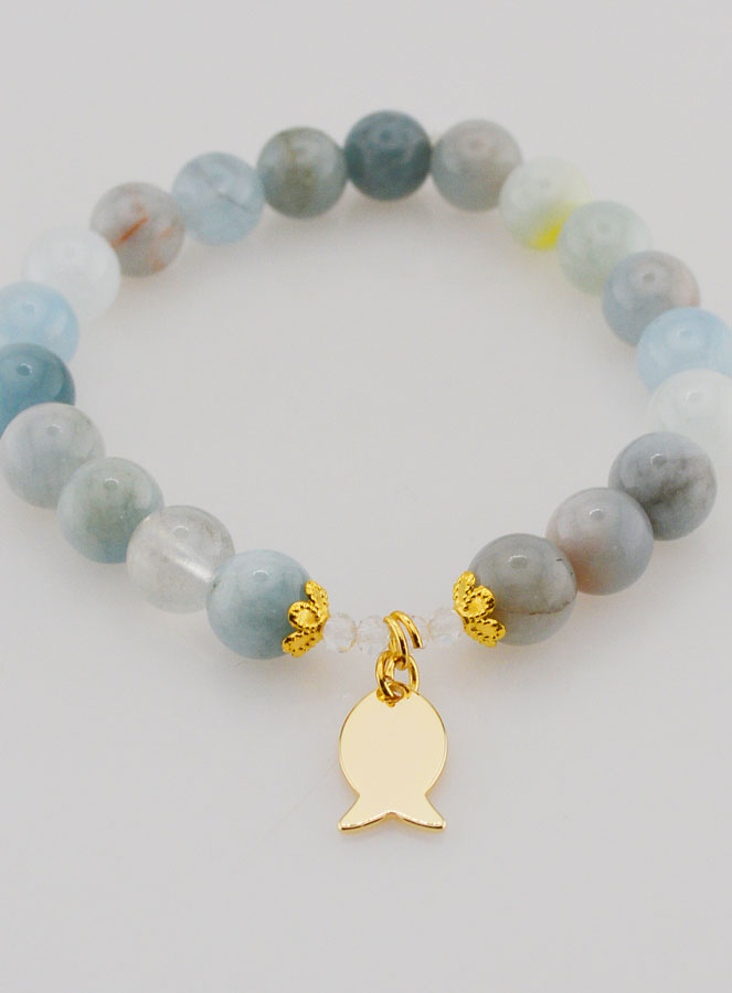 Bracelet en Pierres d’Aigue-Marine 8mm & Ichthus Doré (pic 2)
