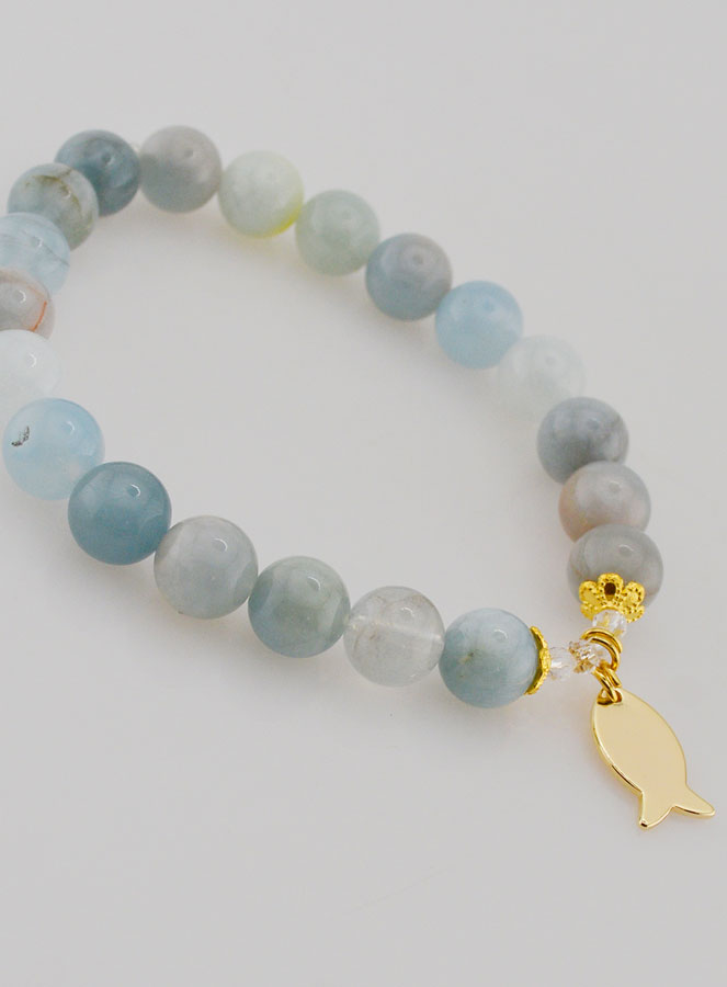 Bracelet en Pierres d’Aigue-Marine 8mm & Ichthus Doré (pic 3)