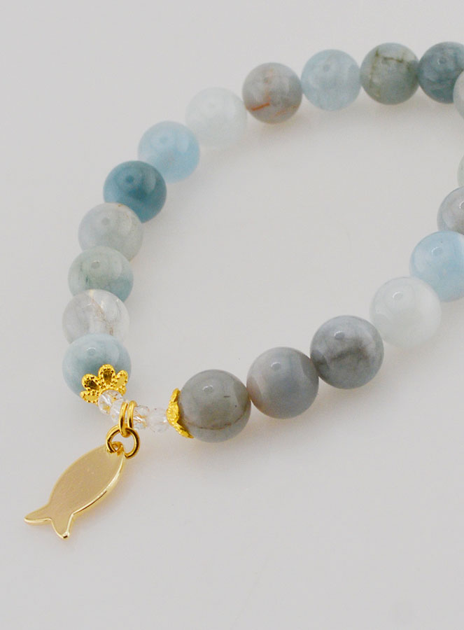 Bracelet en Pierres d’Aigue-Marine 8mm & Ichthus Doré (pic 4)