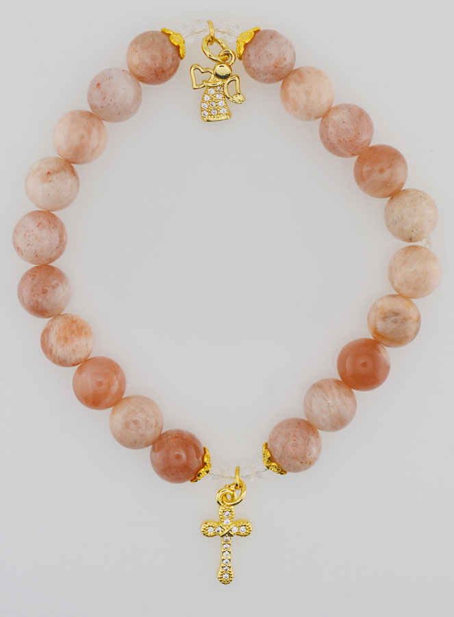 Bracelet en Pierre de Soleil 8mm - Ange et Croix (pic 1)