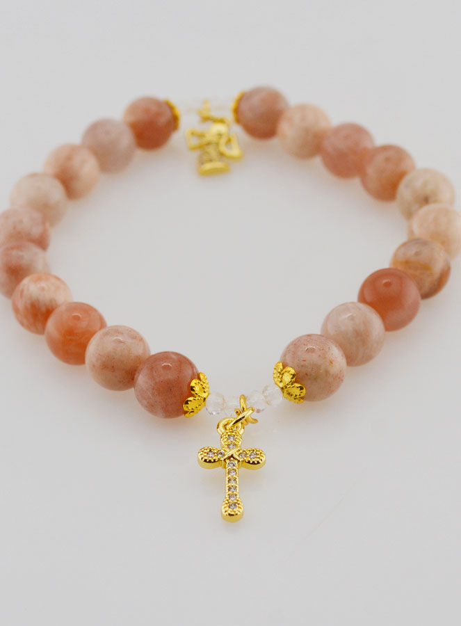 Bracelet en Pierre de Soleil 8mm - Ange et Croix (pic 2)
