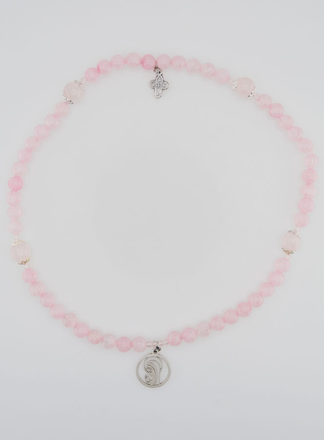 Bracelet Chapelet en Quartz Rose - Vierge Marie & Ste Trinité (pic 1)