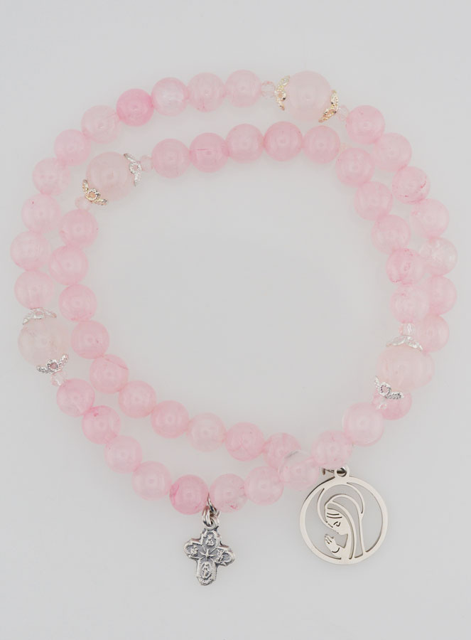 Bracelet Chapelet en Quartz Rose - Vierge Marie & Ste Trinité (pic 2)