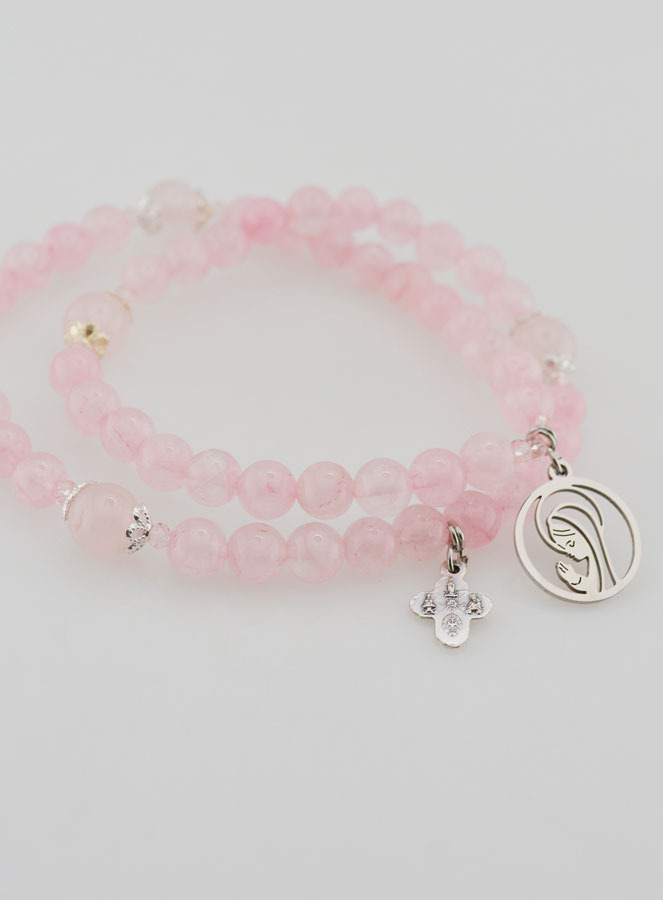 Bracelet Chapelet en Quartz Rose - Vierge Marie & Ste Trinité (pic 4)