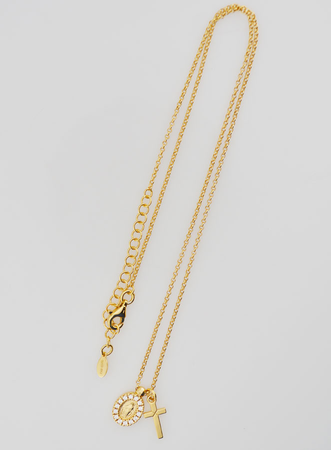 Collier Médaille Miraculeuse & Croix - Argent Doré & Zircons (pic 2)