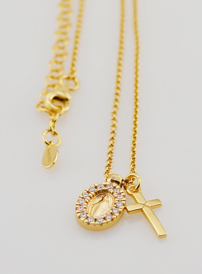 Collier Médaille Miraculeuse & Croix - Argent Doré & Zircons (pic 3)