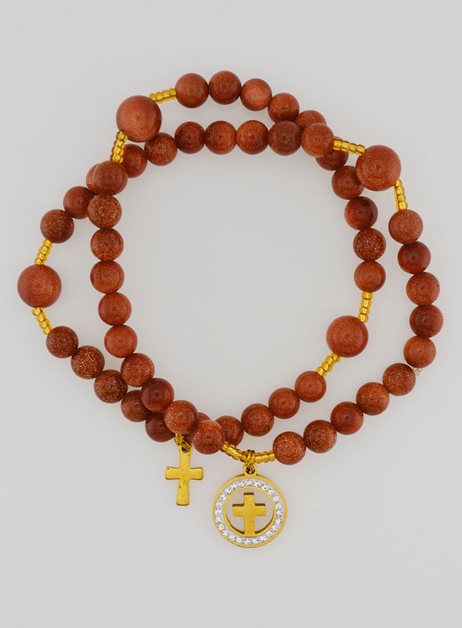 Bracelet Chapelet en Pierre de Soleil - Médaille Croix & Zircons (pic 1)
