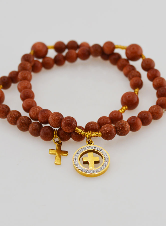 Bracelet Chapelet en Pierre de Soleil - Médaille Croix & Zircons (pic 2)
