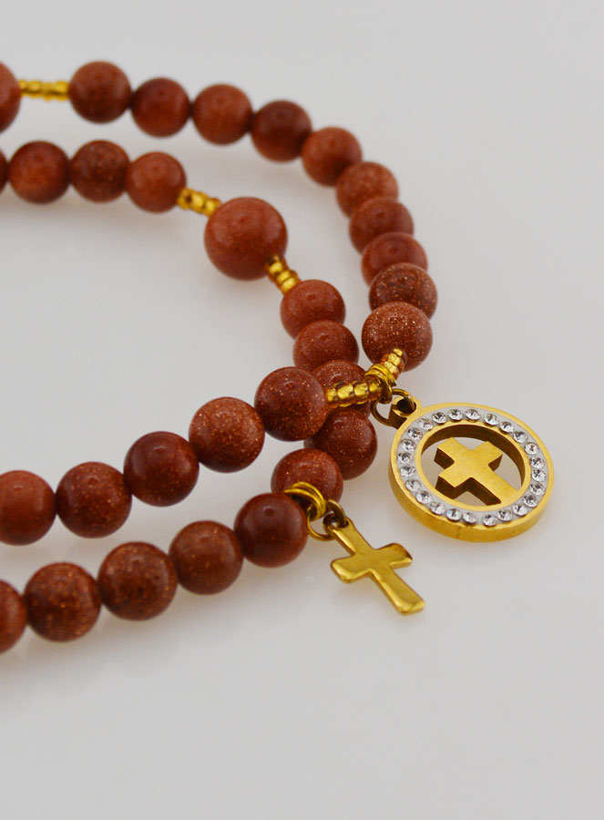 Bracelet Chapelet en Pierre de Soleil - Médaille Croix & Zircons (pic 3)