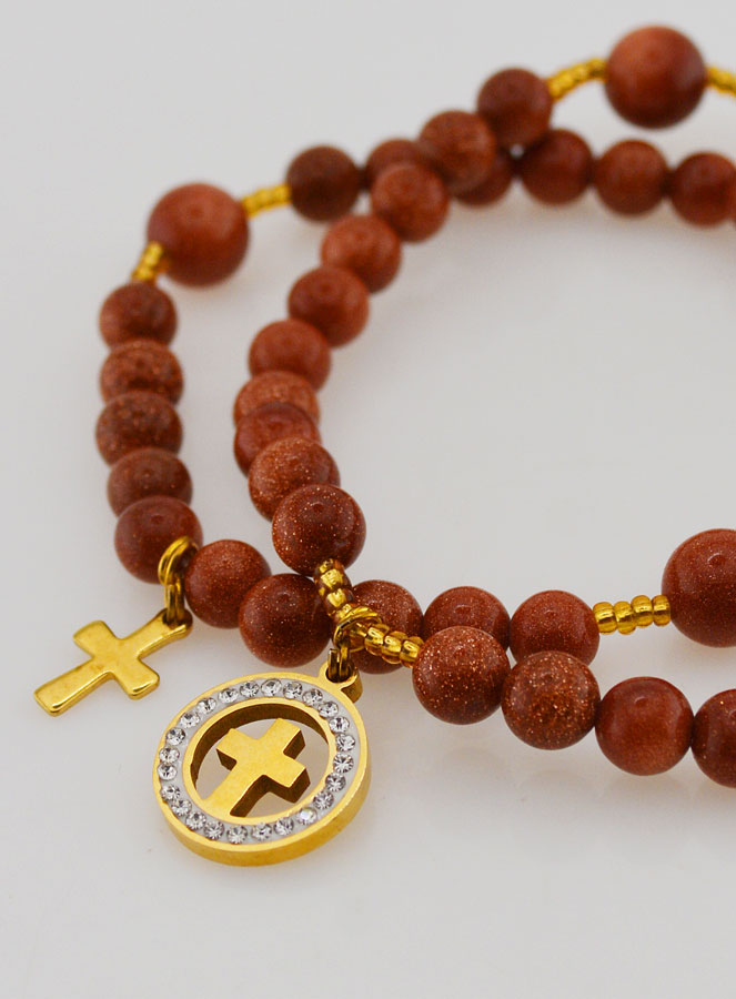 Bracelet Chapelet en Pierre de Soleil - Médaille Croix & Zircons (pic 4)