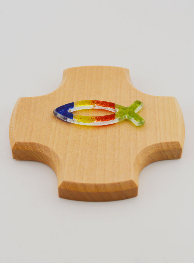 Croix en Bois d'Erable & Poisson Ichtus en Verre - 9cm (pic 2)