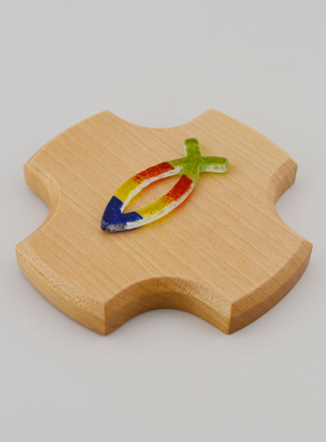 Croix en Bois d'Erable & Poisson Ichtus en Verre - 9cm (pic 3)