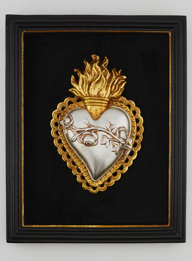 Ex Voto Mural Or & Argent sur Velours - Coeur Fleuri 18cm (pic 1)