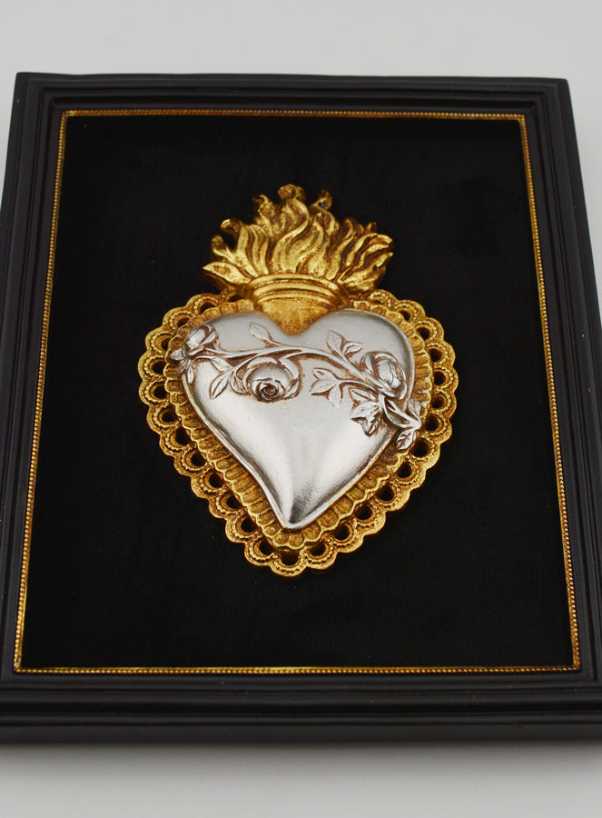 Ex Voto Mural Or & Argent sur Velours - Coeur Fleuri 18cm (pic 2)