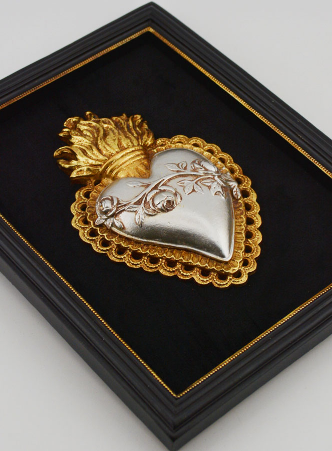 Ex Voto Mural Or & Argent sur Velours - Coeur Fleuri 18cm (pic 3)