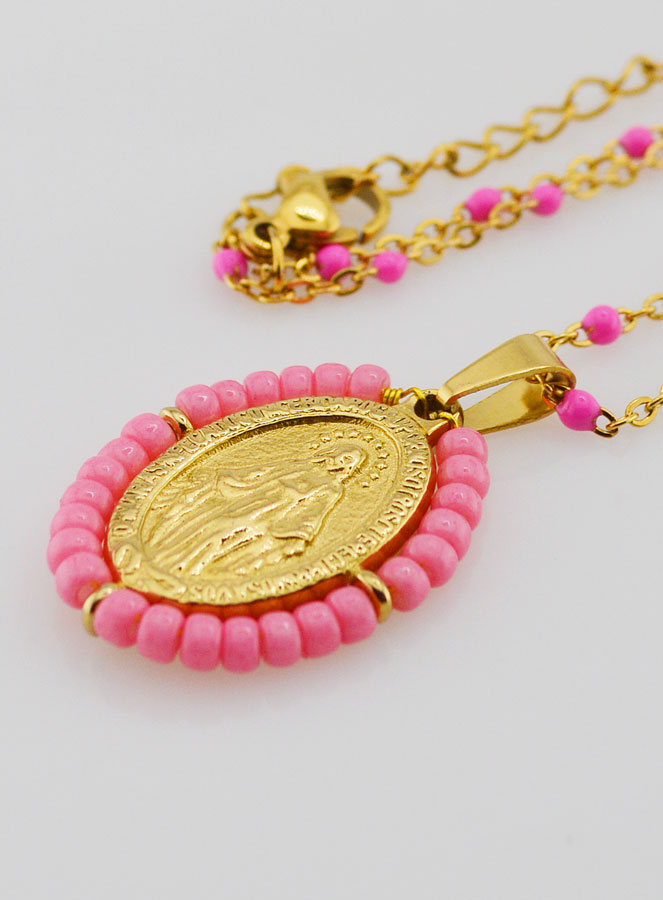 Médaille Miraculeuse Perlée + Chaîne Perles Rose (pic 1)