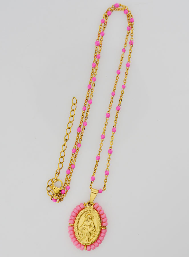Médaille Miraculeuse Perlée + Chaîne Perles Rose (pic 2)