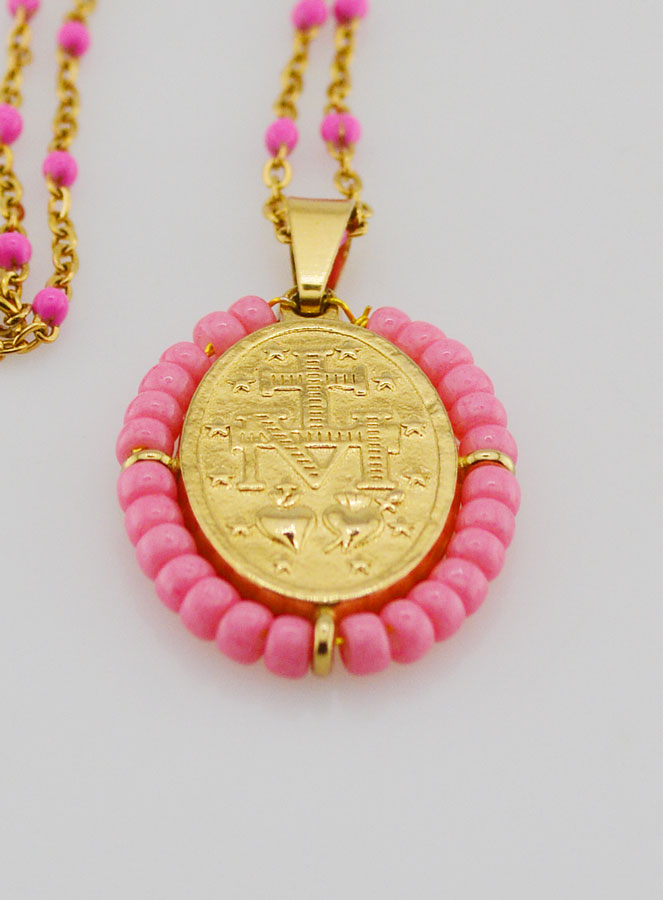 Médaille Miraculeuse Perlée + Chaîne Perles Rose (pic 3)