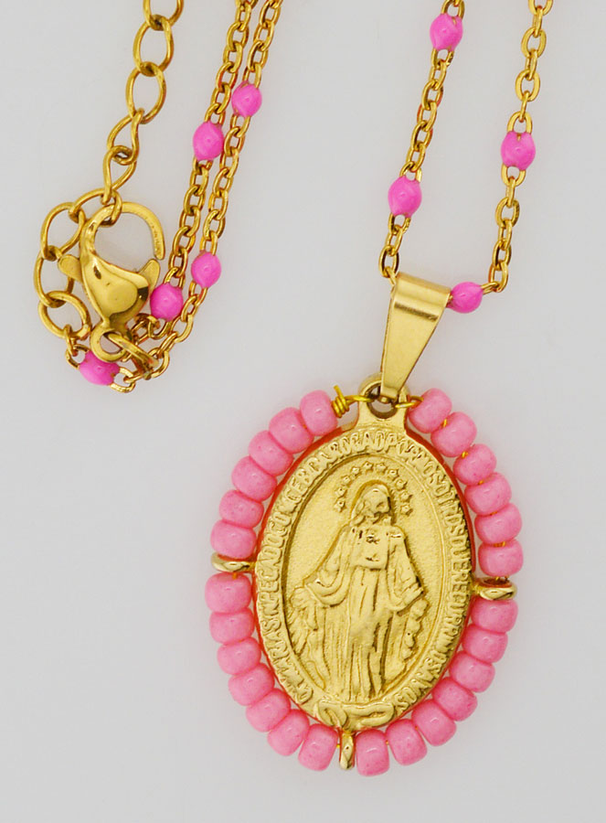 Médaille Miraculeuse Perlée + Chaîne Perles Rose (pic 4)