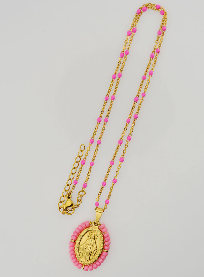 Collier Religieux Perlé & Médaille Miraculeuse - Rose (pic 2)