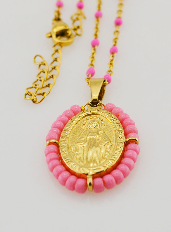 Collier Religieux Perlé & Médaille Miraculeuse - Rose (pic 3)