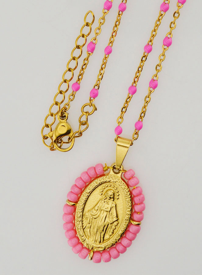 Collier Religieux Perlé & Médaille Miraculeuse - Rose (pic 4)
