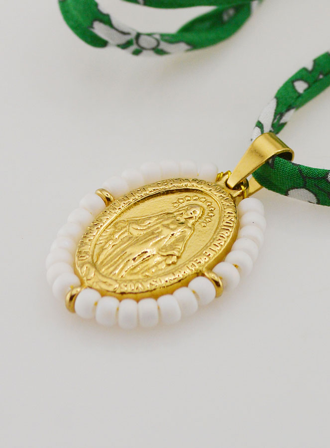 Médaille Miraculeuse Perlée - Cordon Liberty Vert (pic 1)