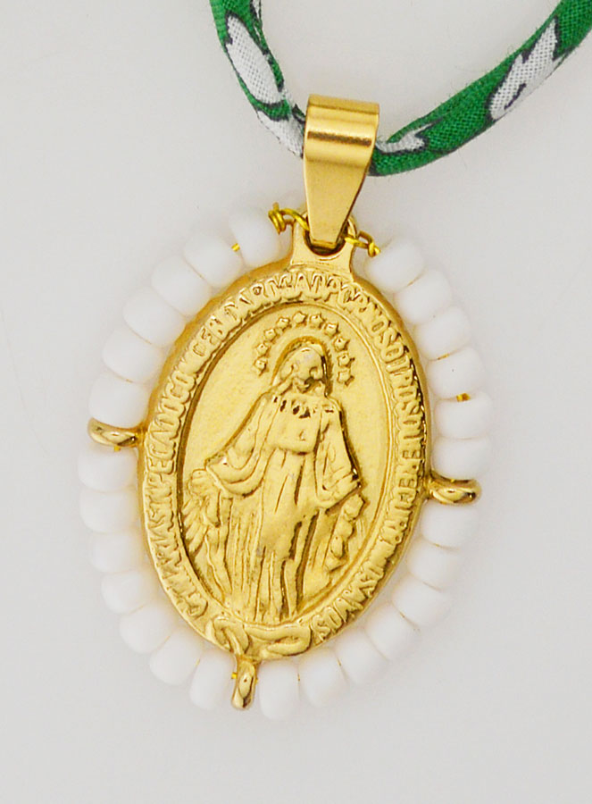 Médaille Miraculeuse Perlée - Cordon Liberty Vert (pic 4)
