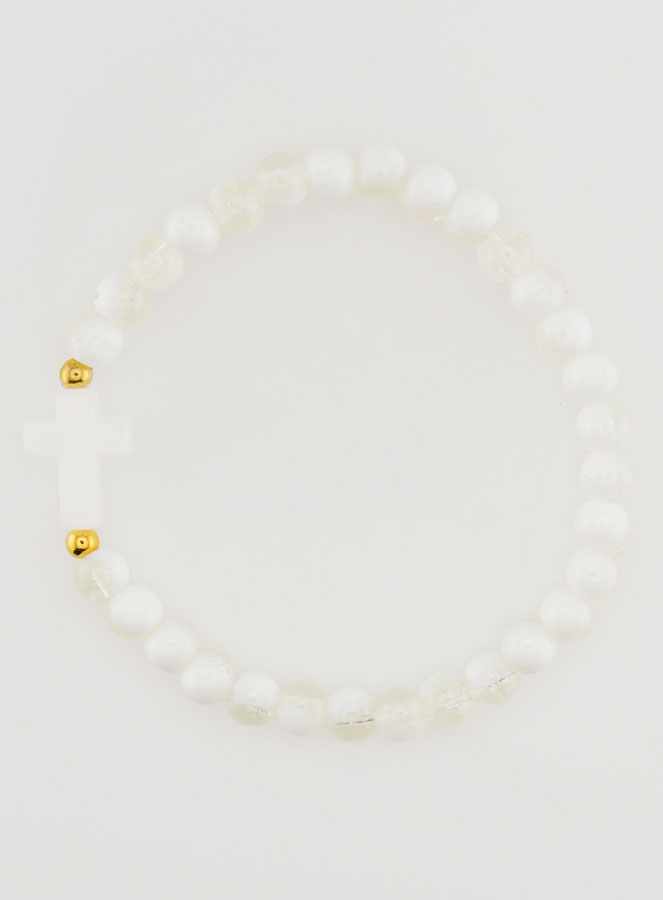 Bracelet Religieux Avec Croix & Perles en Verre Blanc (pic 1)