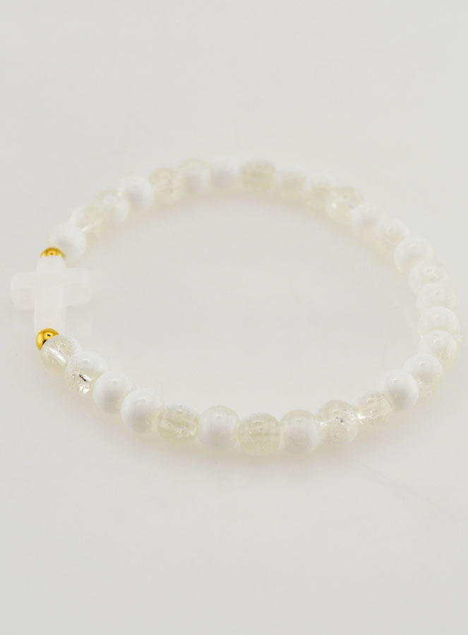 Bracelet Religieux Avec Croix & Perles en Verre Blanc (pic 2)