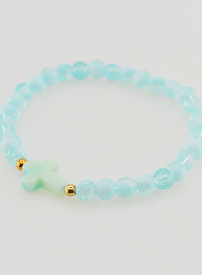 Bracelet Religieux Avec Croix & Perles en Verre Bleu (pic 3)