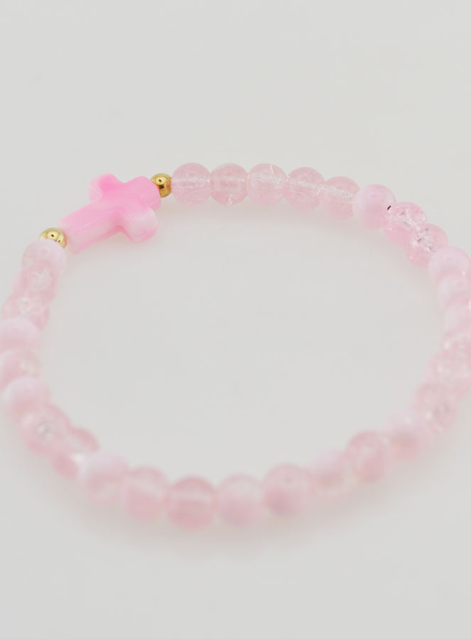 Bracelet Religieux Avec Croix & Perles en Verre Rose (pic 4)