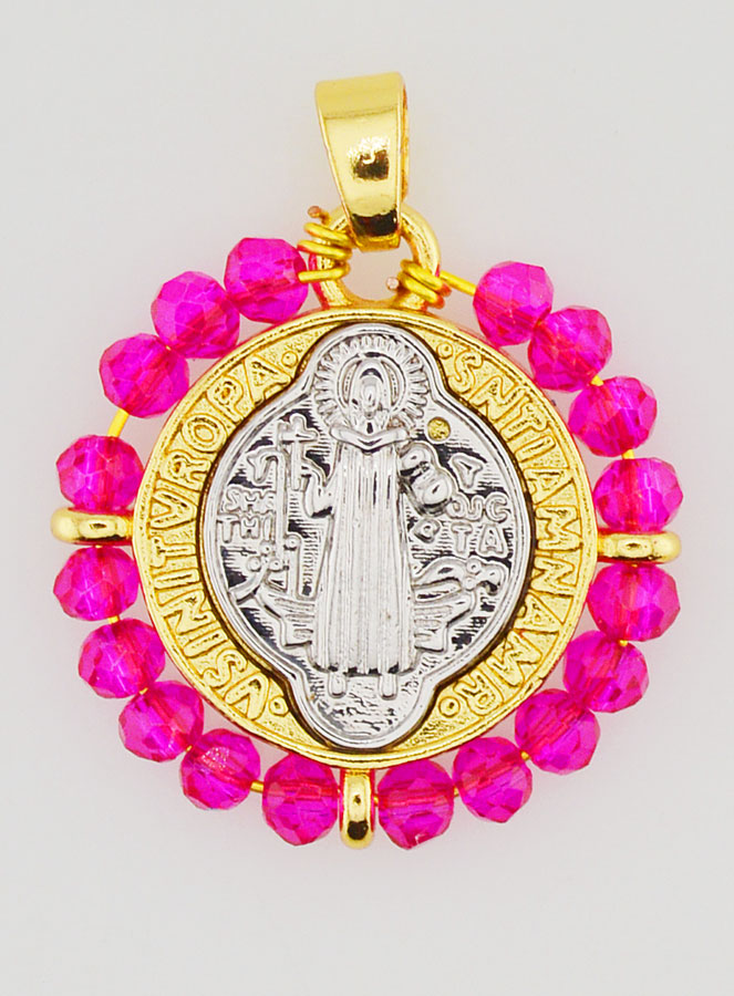 Médaille de Saint Benoît en Laiton & Verre Fuchsia (pic 1)