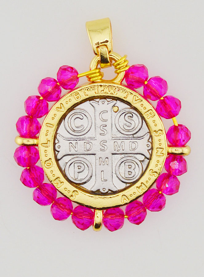 Médaille de Saint Benoît en Laiton & Verre Fuchsia (pic 2)