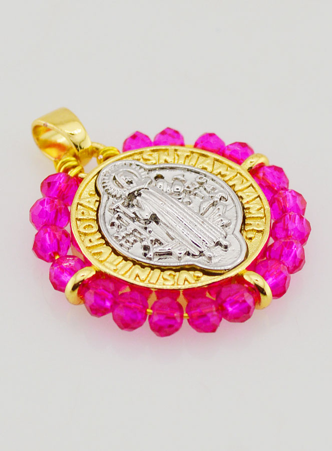 Médaille de Saint Benoît en Laiton & Verre Fuchsia (pic 4)