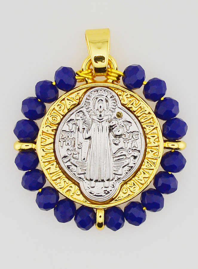 Médaille de Saint Benoît en Laiton & Verre Bleu (pic 1)
