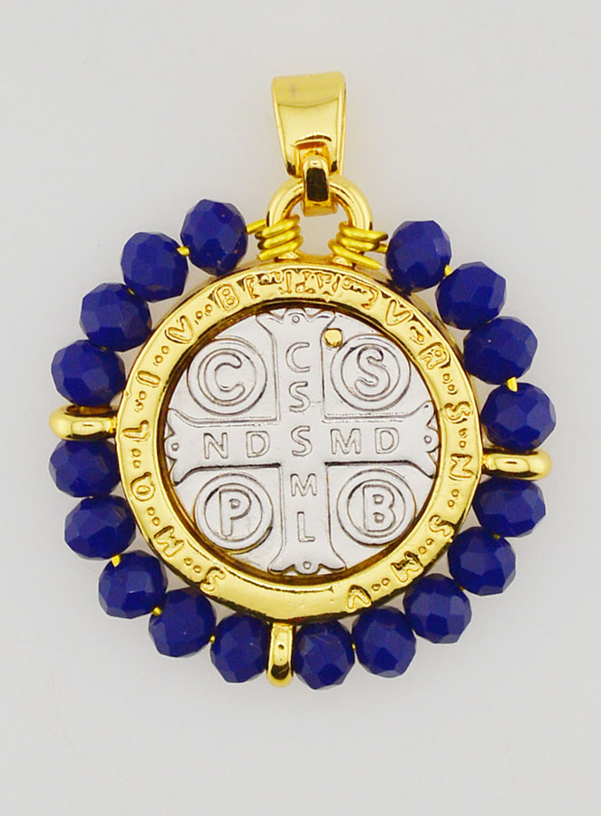Médaille de Saint Benoît en Laiton & Verre Bleu (pic 2)